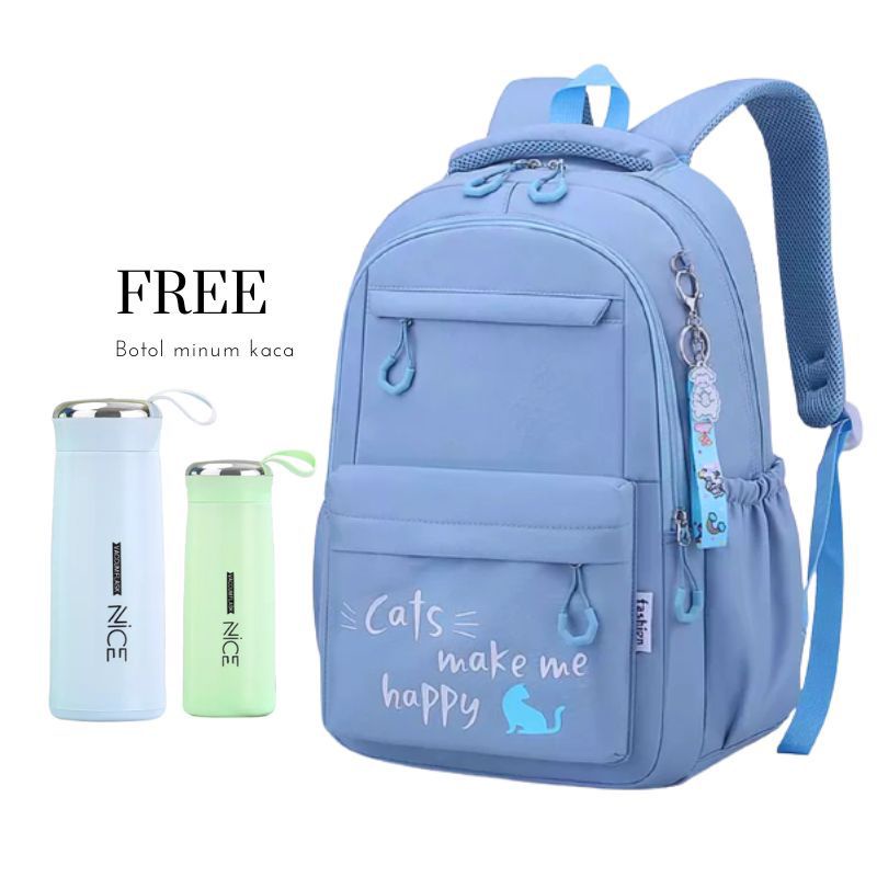 Ransel Wanita Terbaru Backpack Korea Tas Sekolah Remaja Cats Happy Free Botol Nicee STYLE Anak Remaja