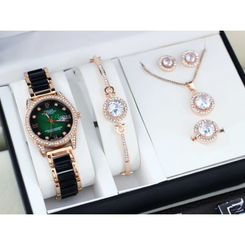 READYCOD✅ JAM TANGAN WANITA CEWEK ROLEX SET ANTING KALUNG CINCIN GELANG CEWEK GIFTSET KADO SET TERBA