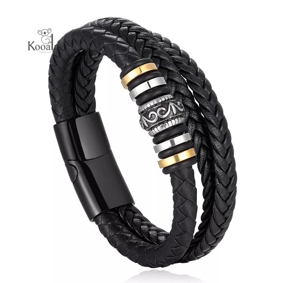 Gelang Kulit Geometri Emas Vintage Multilayer untuk Pria