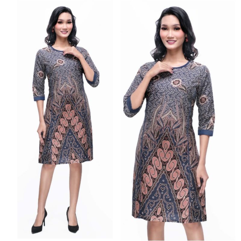 Dress Batik Jumbo Big Size M L XL XXL 4L 5L Terusan Tunik Batik Modern Lengan ¾ Seragam Kantor Wanita OR-P