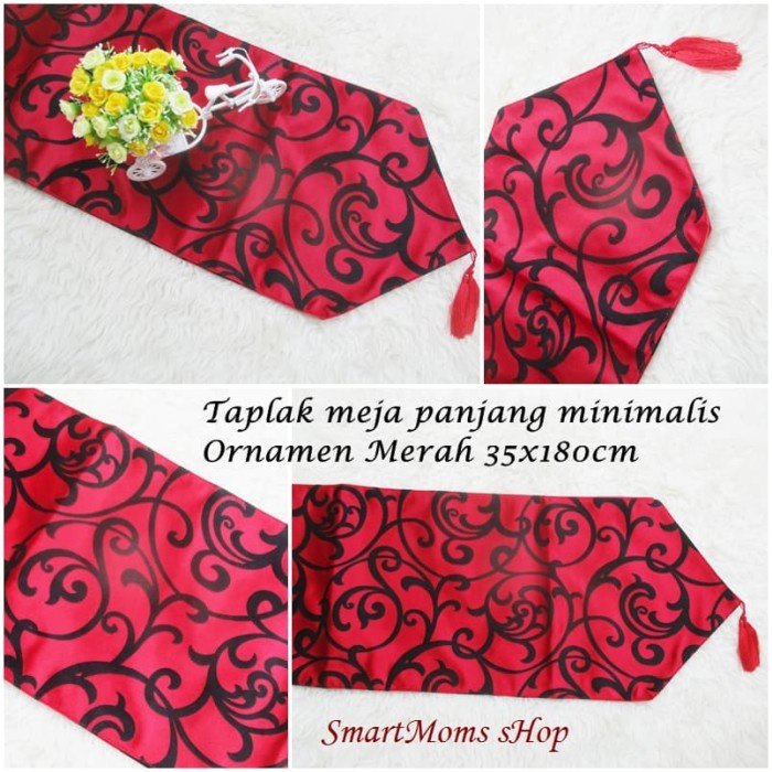 Taplak meja makan PANJANG MINIMALIS PREMIUM BAHAN SOFA 35X180 ORNAMEN MERAH R8G1 taplak meja tamu mi