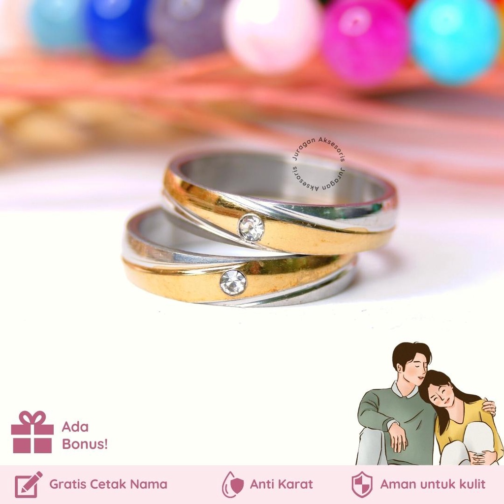 [GRATIS CETAK NAMA] Cincin Couple Romantis Ailoviu Titanium Anti Karat M49 Hadiah Tunangan Pasangan Pria Wanita Perak Platinum Paladium Emas Putih Silver Gold