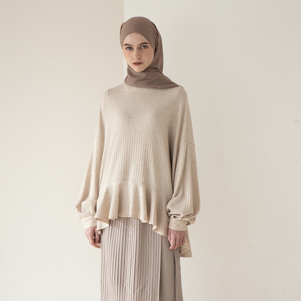 Daru by Aska Label - Atasan katun knit wanita blouse rajut lengan panjang warna coksu cream, abu, biru dusty