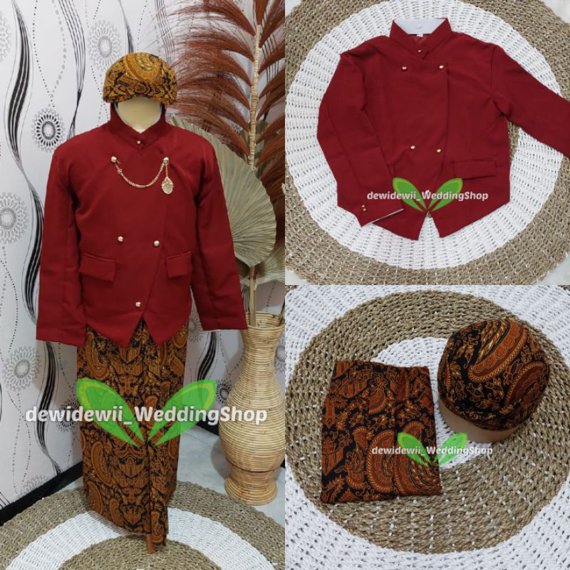 [Full Set] Baju Adat Jawa Cowok / Baju Manggolo / Baju Pagar Bagus | Nuansa Solo Maroon