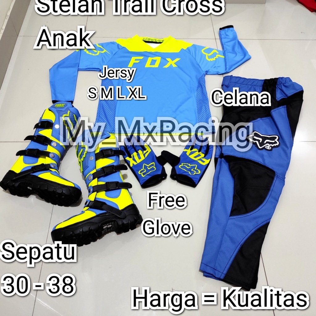 sepatu trail cross anak fullset jersey baju cross trail anak celana anak cocok usia 4 - 12thn ,bonus sarung tangan terlaris printing jerset anak stelan ke gunung offroad kode 011 bisa bayar di tempat