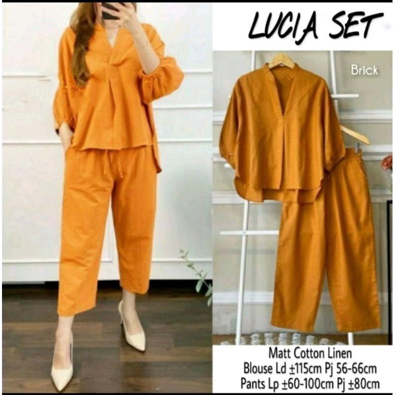 Lucia Set Setelan Wanita Blouse dan Pants Celana kekinian Bahan Katun Rami Premium GBM