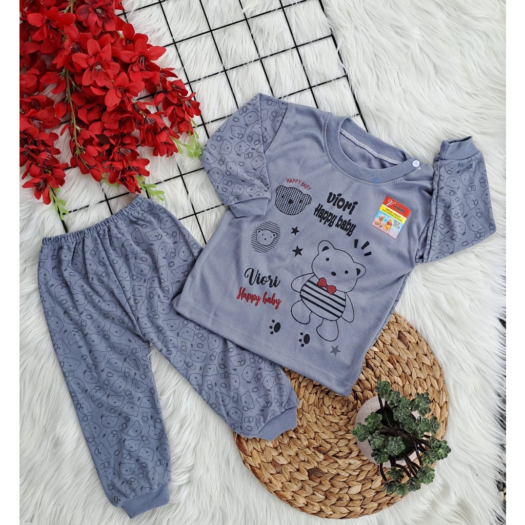 stelan baju bayi laki laki perempuan lucu murah motif HAPPY BEAR DASAR WARNA PANJANG 3-18 bulan