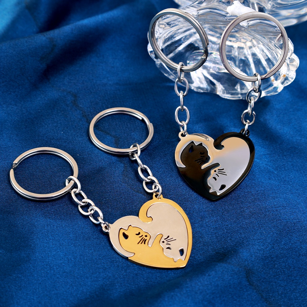 Gantungan Kunci Pasangan Pecinta Hati Bulat Lucu Berbentuk Kucing Keychain Dekorasi Liontin Wanita Gantungan Kunci Aksesoris Pria Stainless Steel Key Ring Untuk Mobil Keyring, Tas Kreatif