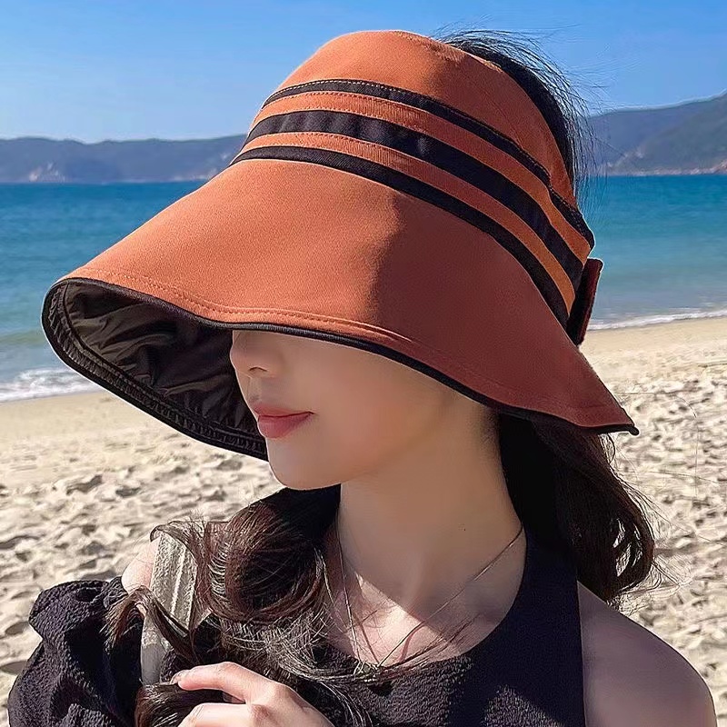 Topi Pantai Lipat Wanita Motif Garis Anti UV Gaya Korea Fashion Top Hat Summer Women Import