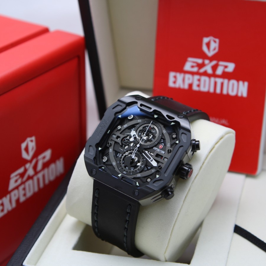 Jam Tangan Expedition Pria E 6826 / E6826 Leather Black Silver Original