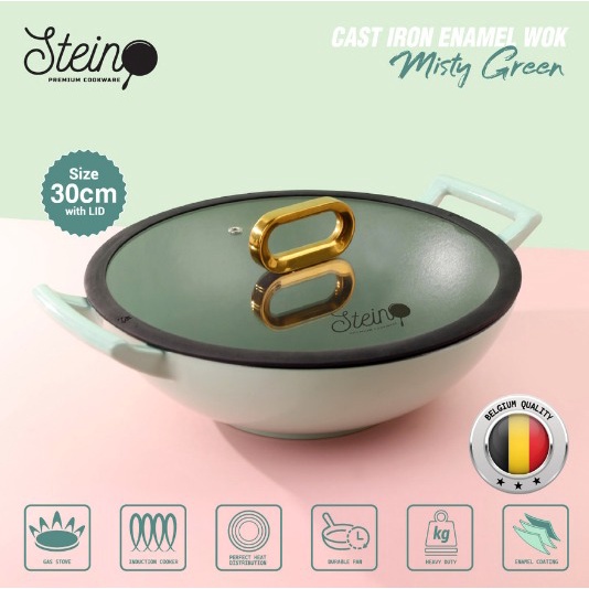 Stein Cookware - Non-Stick Cast Iron Enamel Wok 30cm with Lid