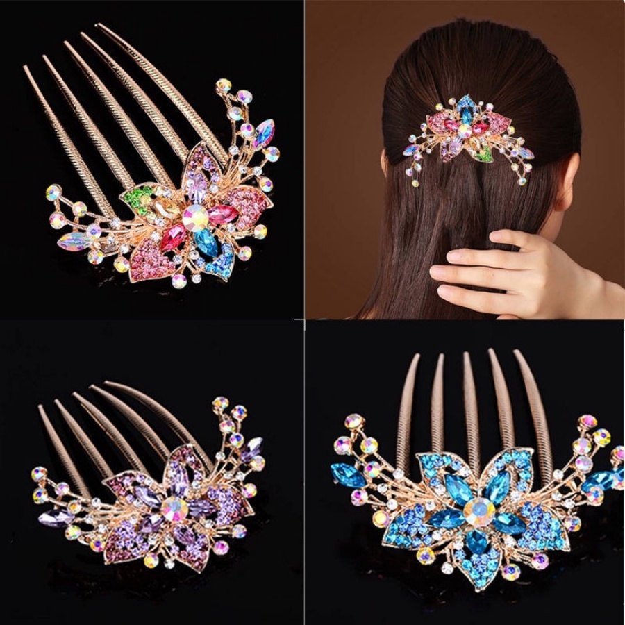 Vintage Kristal Klip Rambut Klip Sisir Rambut Wanita Berlian Bunga Jepit Rambut Alloy Berlian Imitasi Hairpin Aksesoris Rambut