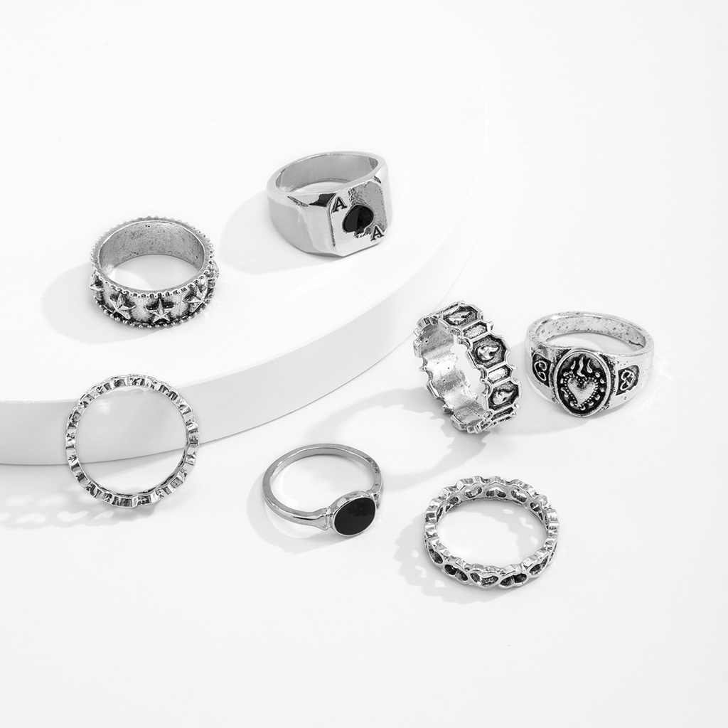 【COD】7 Pcs Cincin Pria Tidak Teratur Retro Jari Cincin Jantung Trendi Pria Wanita Couple Ring Kepribadian Sekop Lebar Korea Fashion Gaya Punk-FA