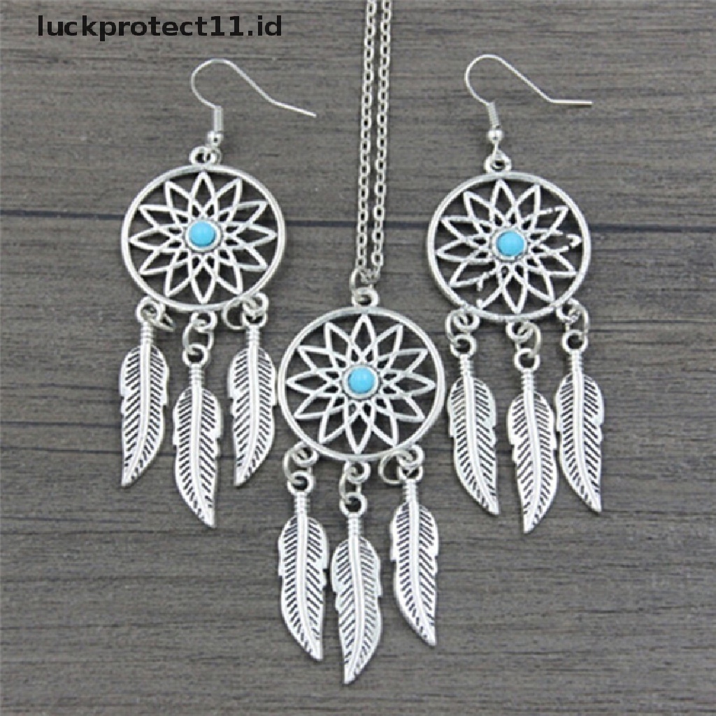 /Fashion Hot// Fashion// Bohemian Dreamcatcher Daun Bulu Liontin Kalung Anting Set Perhiasan.