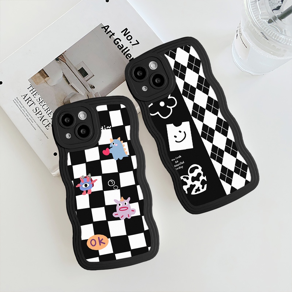 Casing Tepi Bergelombang VIVO Y22 Y16 Y15 Y22s Y75 Y15s Y20 V25E Y15A Y36 Y02s Y35 Y17 Y12s Y30 V21 Y33s Y91 Y21 Y11 V25 Y12 Y93 Y12i Y21s Y50 Y91C Cute Monster Lattice Diamond Soft Cover