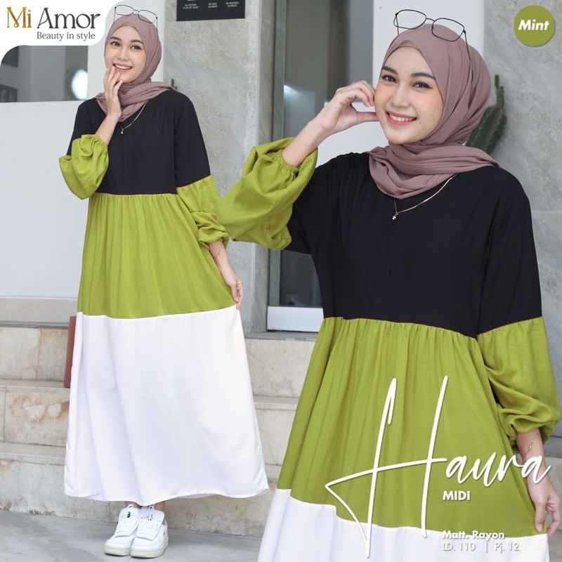 HAURA MIDI DRESS GAMIS RAYON WANITA FASHION BUSANA MUSLIM MODERN TERBARU ORIGINAL BY MI AMOR MIAMOR 