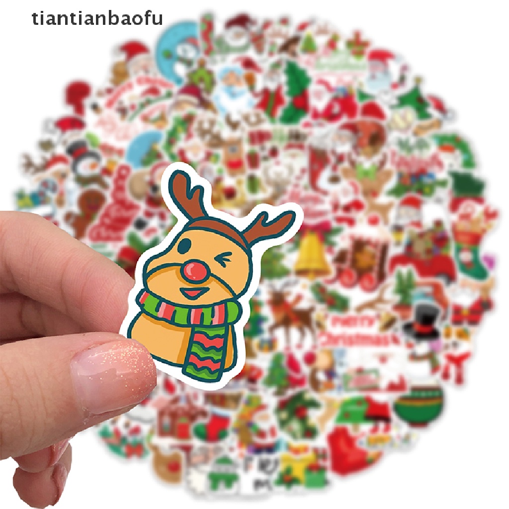 [tiantianbaofu] 100 Pcs Tahun Baru Merry Christmas Stiker Rusa Santa Claus Snowman Anak Hadiah Butik