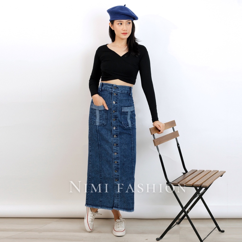 NIMI - Rok Jeans Stretch Panjang Wanita Rok Jeans Highwaist Premium