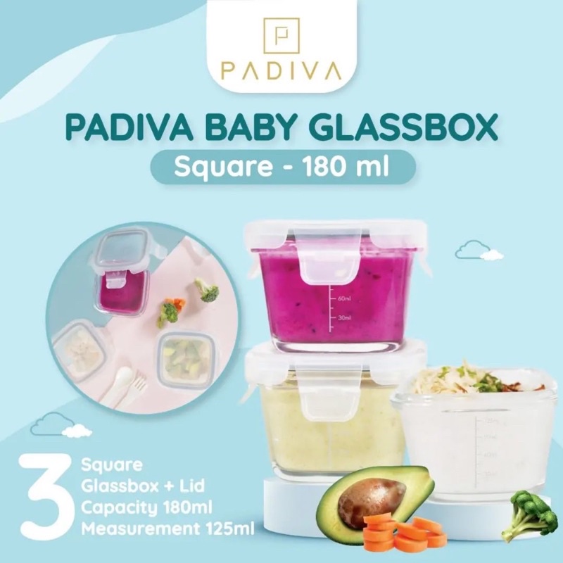 Padiva baby glassbox square 180ml ( 3pcs ) - kontainer kaca mpasi bayi