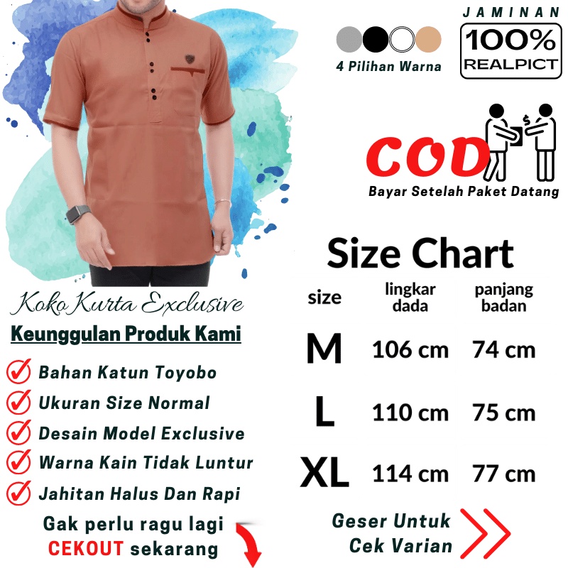 Baju Koko Kurta Dewasa Lengan Pendek Material Catton Adem Serap Keringat