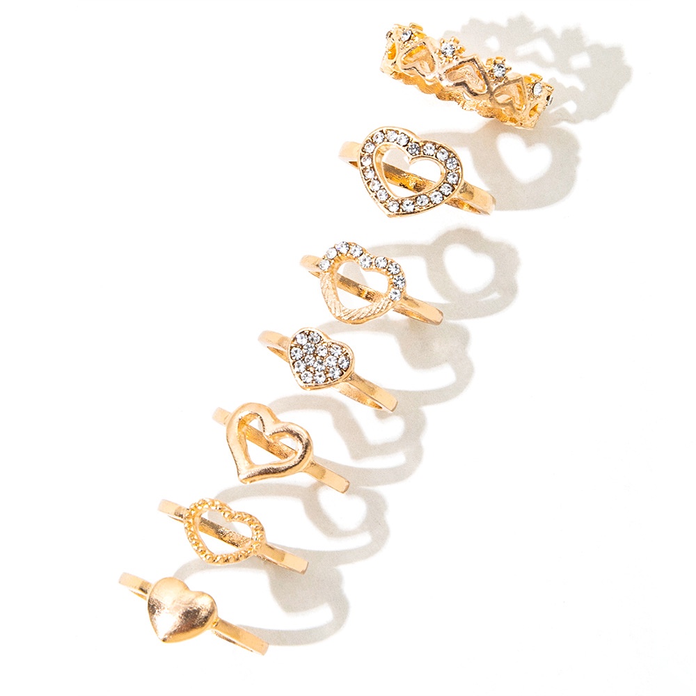 7 Pcs/set Tren Baru Individualitas Bersinar Hati Cincin Untuk Wanita Berlian Imitasi Berkilau Hati Berongga Cincin Perhiasan Mulia