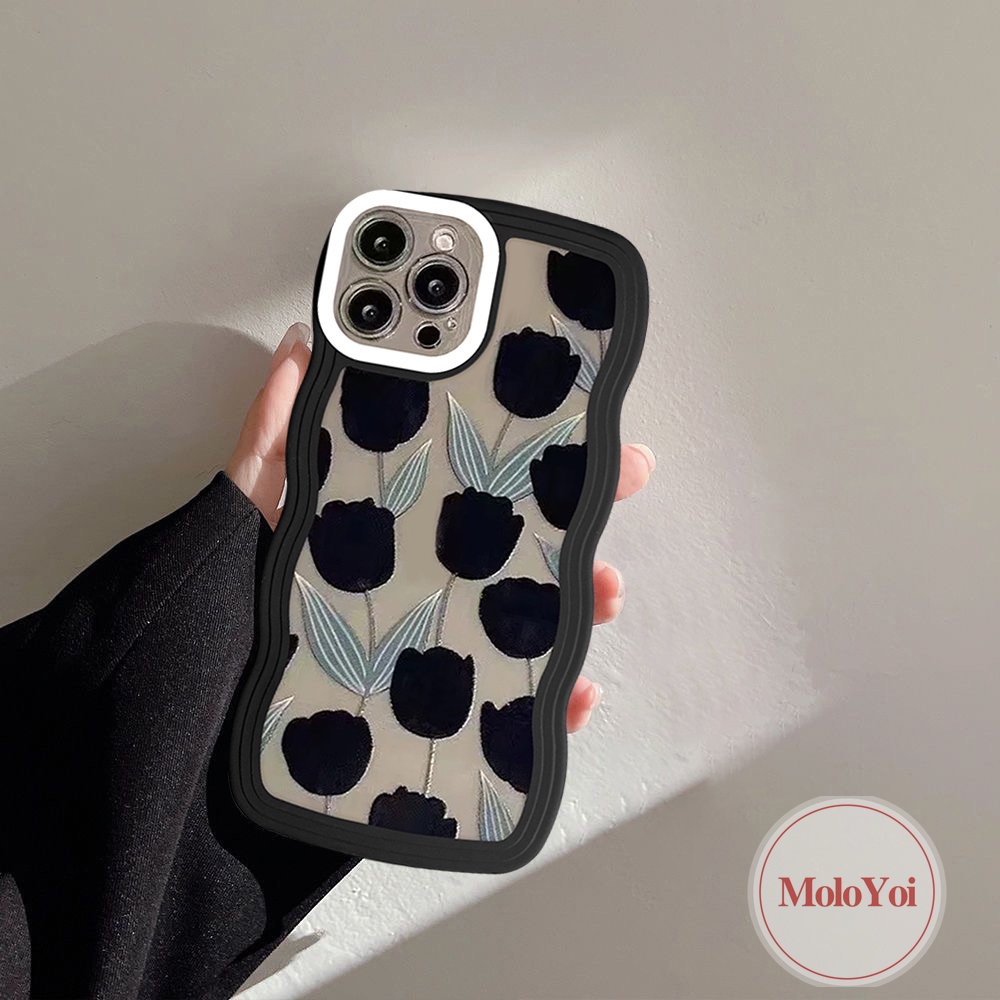 IPHONE Casing Bunga Tulip Retro Kompatibel Untuk Iphone11 12 13 Pro Max14Xr 6 6s 8 7 Plus 14Plus X XS Max SE 2020hitam Bergelombang Tepi Soft TPU Case