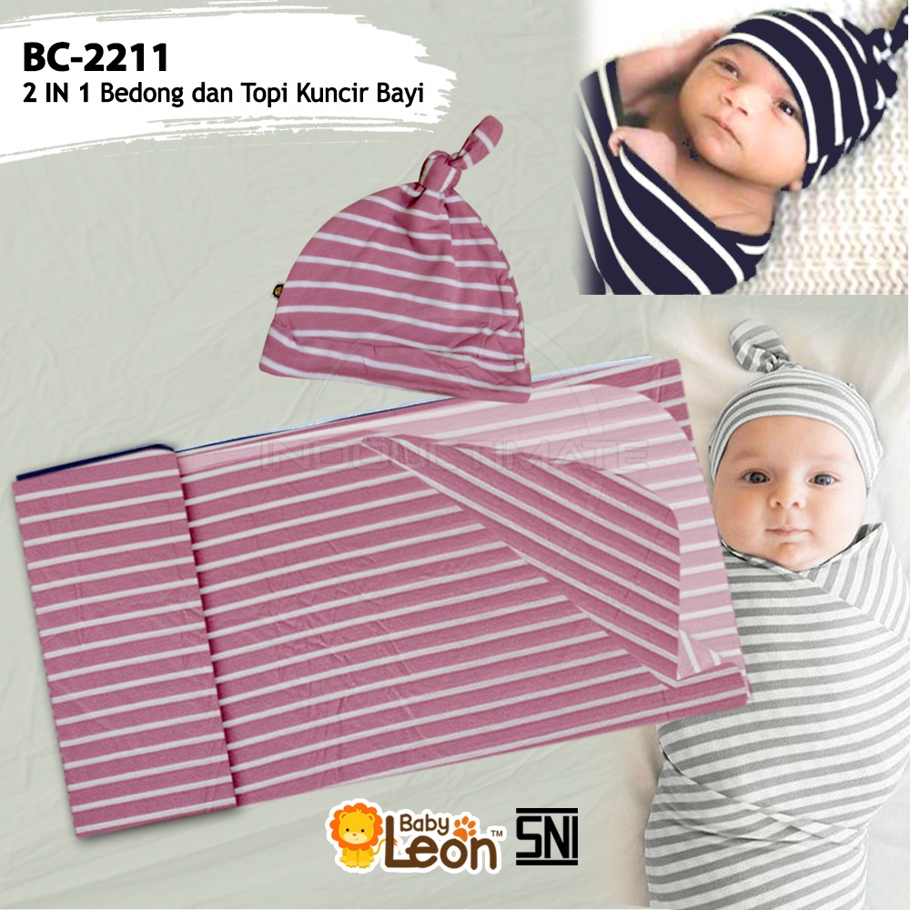 2in1 BABY LEON Bedong Bayi + Topi Kupluk Bayi  Perlengkapan bayi baru lahir BC-2211 Kain Selimut Bayi Kain Bedongan bayi Alas Tidur Bayi Selimut Tidur Bayi Baby Hat Topi Kuncir Bayi Perlengkapan Baby Newborn