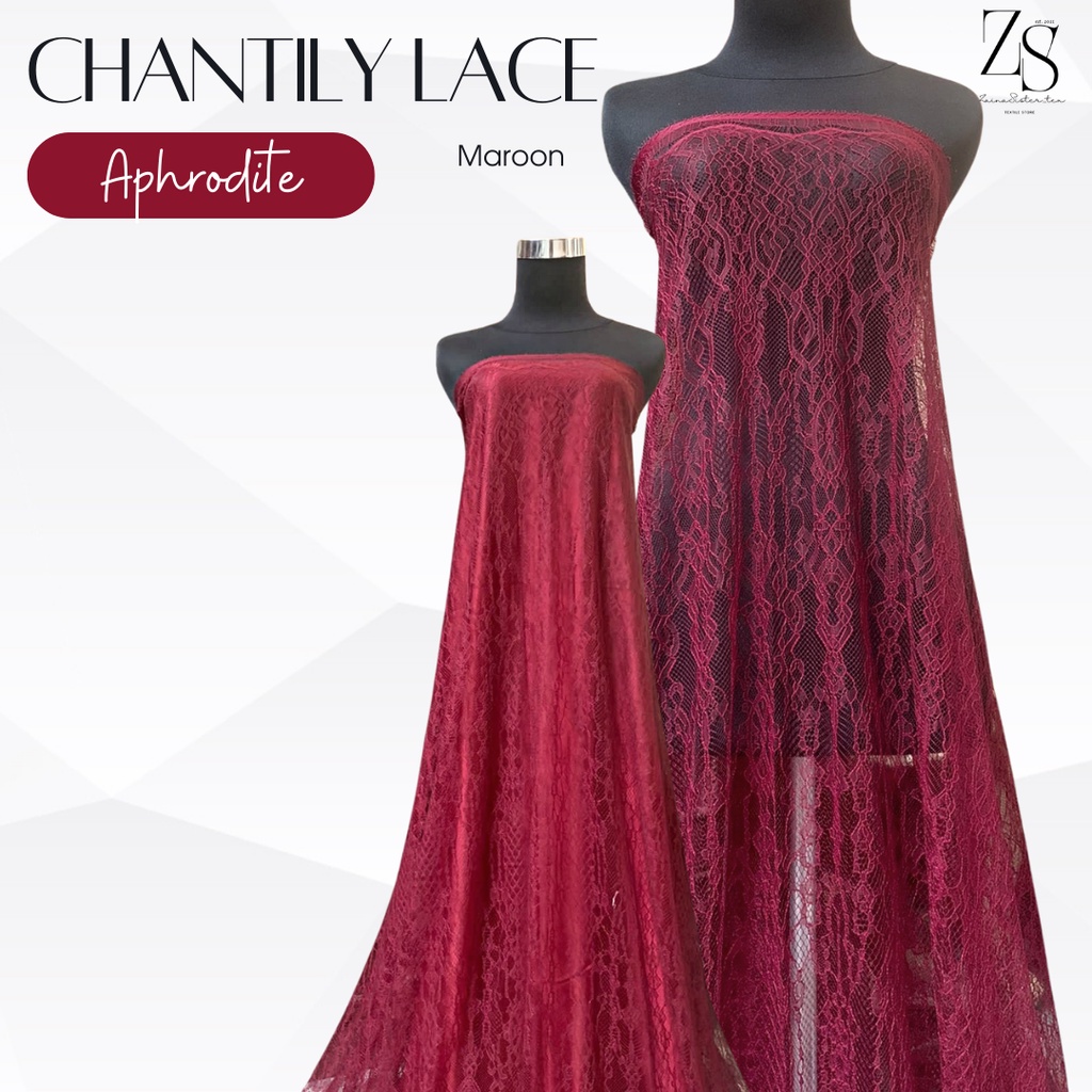 Bahan Kain Brokat Brukat Semi France Prancis Chantily Santili Lace Aphrodite Series Warna Merah Maroon Marun