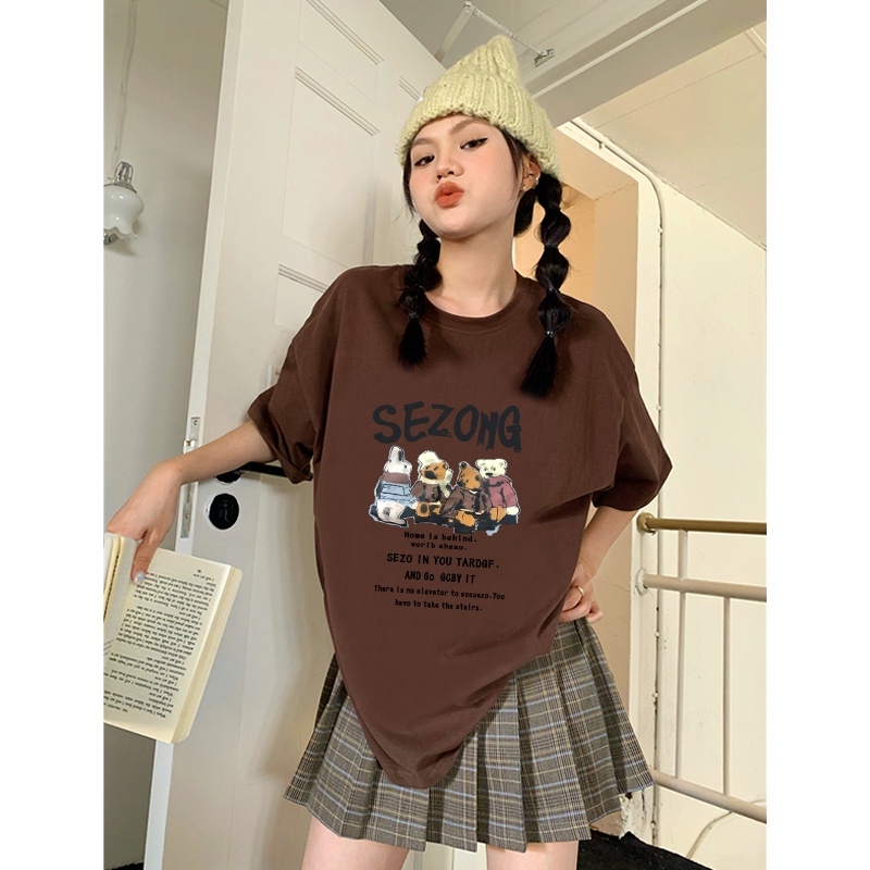 kaos korea wanita oversize lengan pendek lettering cartoon graphic print T-shirt vintage kaos perempuan