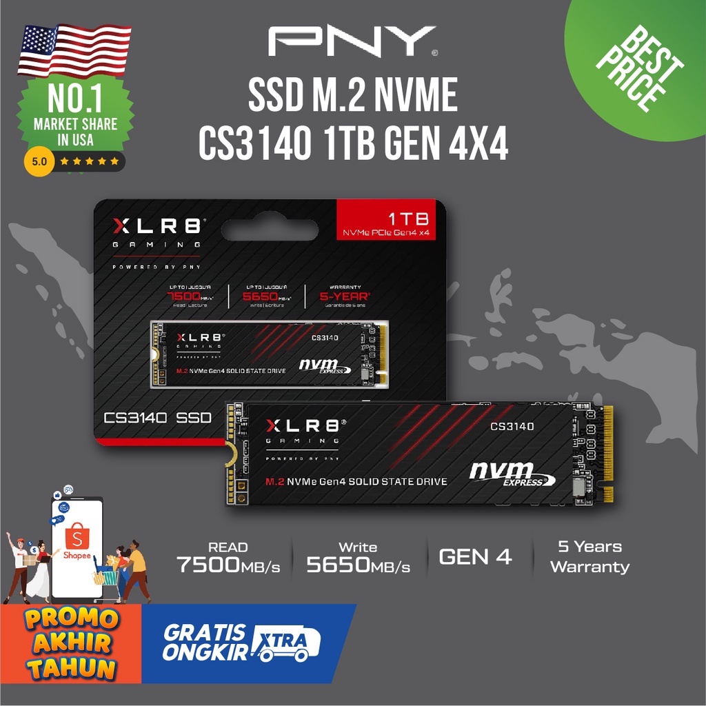 PNY ブランド CS3140 2TB NVMe SSD M.2 ヒートシンク付き Gen4x4 M280CS3140HS-2TB-RB