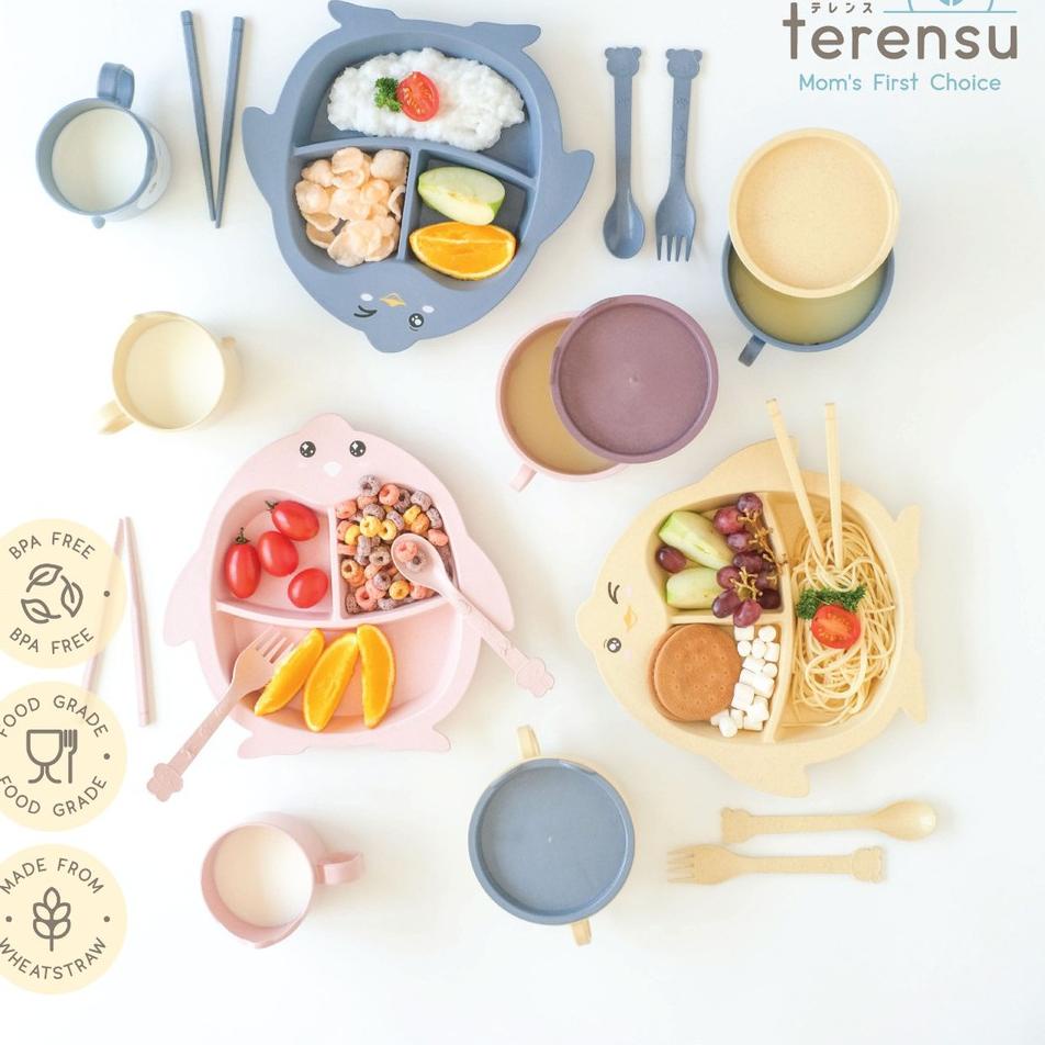 Model Trending terensu Piring Makan Anak + Sendok Garpu Sumpit Motif Pinguin Set Perlengkapan Makan