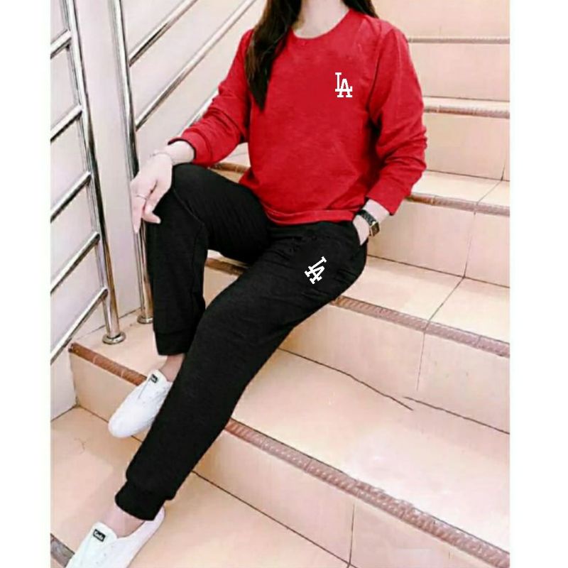 Setelan Wanita One Set LA Lengan panjang+celana jogger keren dan Trendy adem