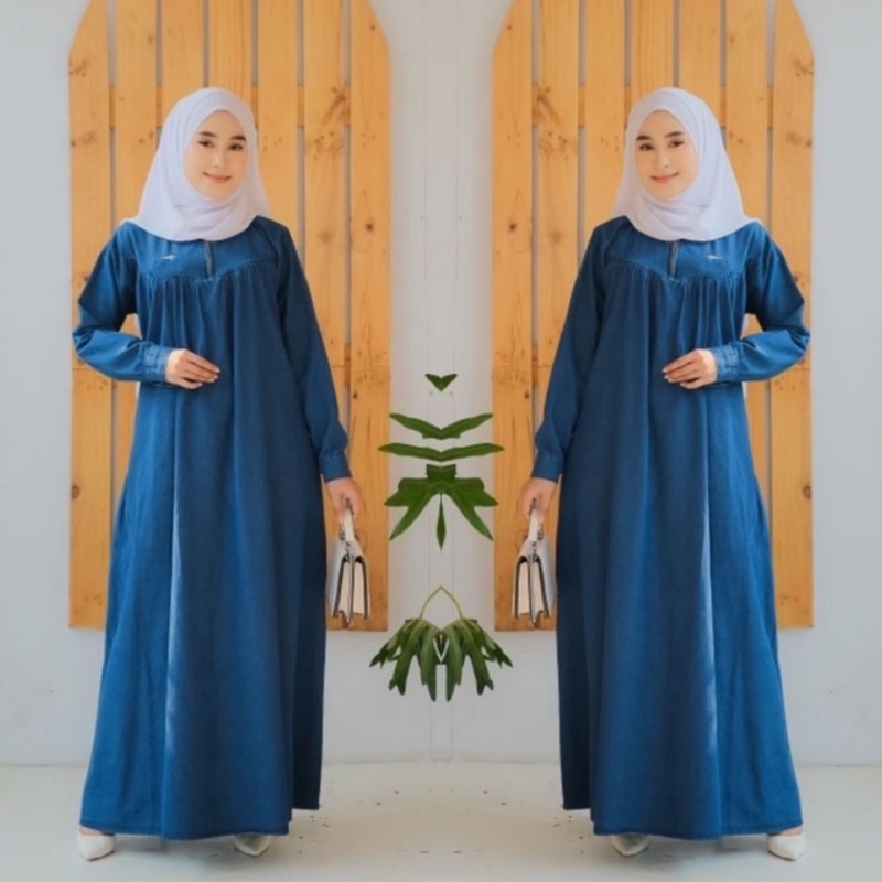 Gamis Jeans Sleting Depan - Gamis Jeans Jumbo