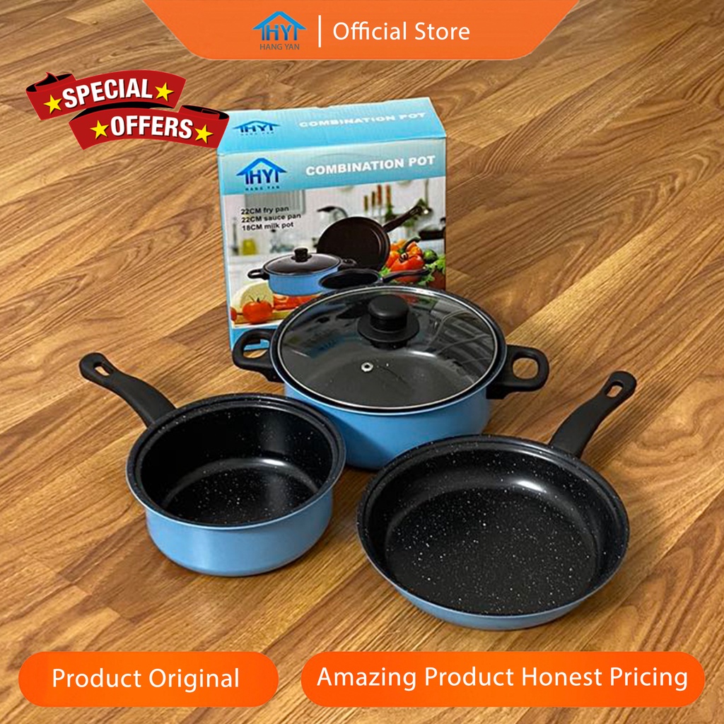 Panci Set 3 IN 1 Anti Lengket Panci Isi 3 Tutup Kaca Panci Set Pot Cookware Set Anti Lengket-Blue