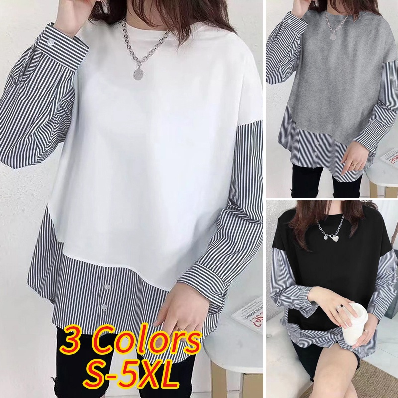 ZANZEA Women Striped Patchwork Fake Two Pieces Long Sleeve O Neck Casual Blouse