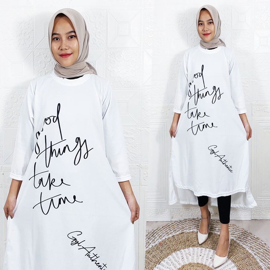 CARLINA GOOD THINGS TAKE TIME LONG TUNIK OVERSIZE DRESS WANITA CANTIK