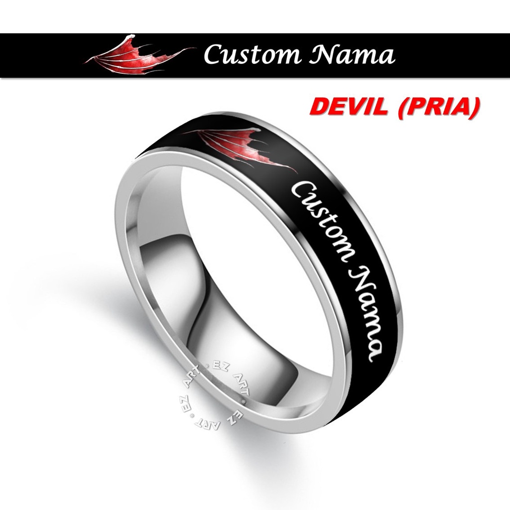 2Pcs CINCIN COUPLE CUSTOM NAMA TEMA PASANGAN SAYAP ANGEL &amp; DEVIL STAINLESS STEEL ANTI KARAT