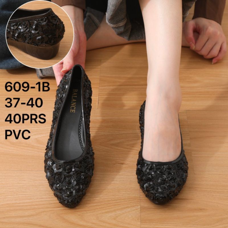 (COD) Sepatu Jelly Hak Wanita Ukir Mawar Balance 609
