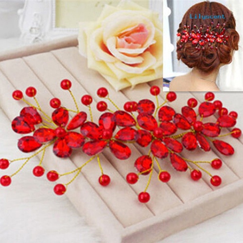 [LS]Bunga Merah Wanita Pernikahan Pernikahan Pengantin Pesta Aksesary Handmade Hair Pin Klip Perhiasan