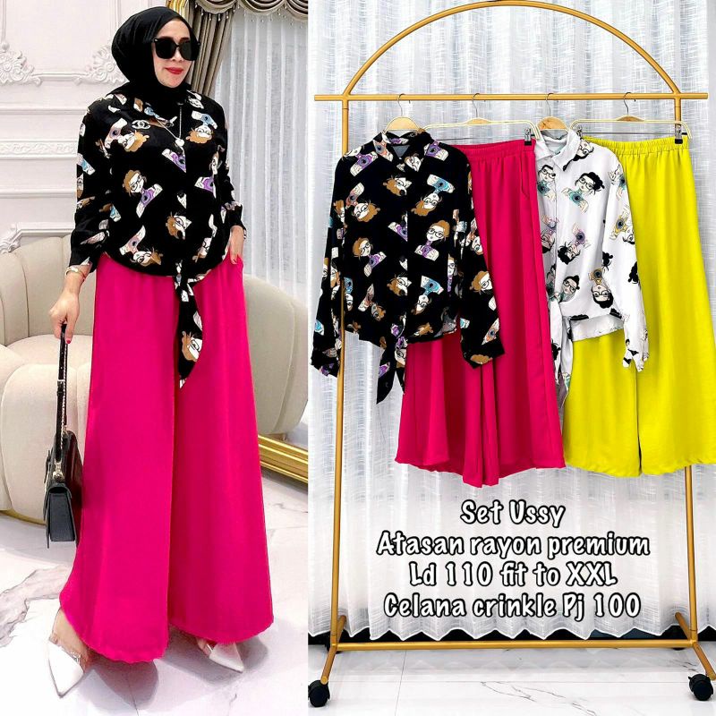 Set Ussy, SETELAN WANITA SUPER CANTIK MODIS FIT XXL LD 112 BAHAN ATASAN RAYON PREMIUM KULOT CRINCLE AIRFLOW TERMURAH OOTD