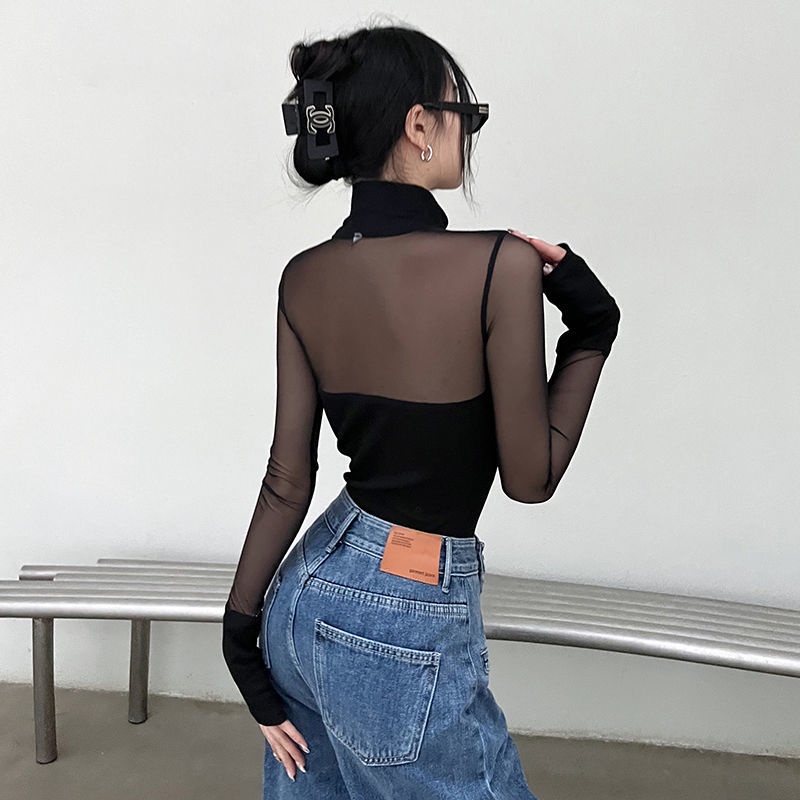 ﹍▥☑Suhao Rapcopter Eropa dan Amerika Seksi Kasa Splicing Jumpsuit T-shirt Wanita Kerah Tinggi Warna Solid Slim Slim Bottoming Top