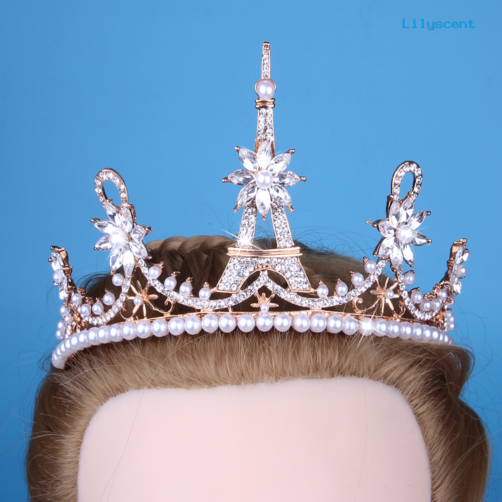 [LS]Gorgeous Eiffel Tower Berlian Imitasi Mahkota Wanita Royal Wedding Bridal Tiara Perhiasan