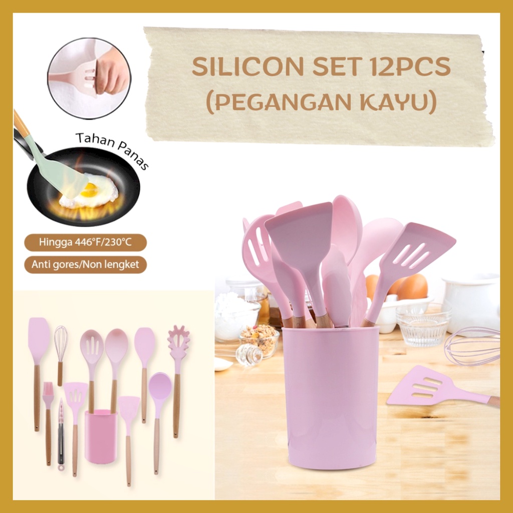 Spatula Silicone Set 12pcs Tahan Panas Kitchen Utensil + Bucket Set Spatula Silikon Non-stick Gagang Kayu CJ-1