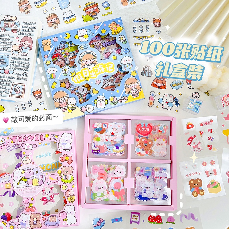 

[randomstuff] 1 Box isi 100 Sticker 2d Tumblr Aesthetic Stiker Kecil Mini Sticker PVC Korean Style Cute Girl Bear Stiker Lucu Dekorasi Gelas Diary DIY Sticker Ins Berkualitas Stationary Kit Biru Pink Aesthetic