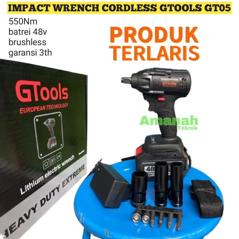 Mesin bor pembuka baut Impact wrench Gtools GT05  48S 1batrei 48v 550Nm bor pembuka baut cordless Brushless mantap terlaris