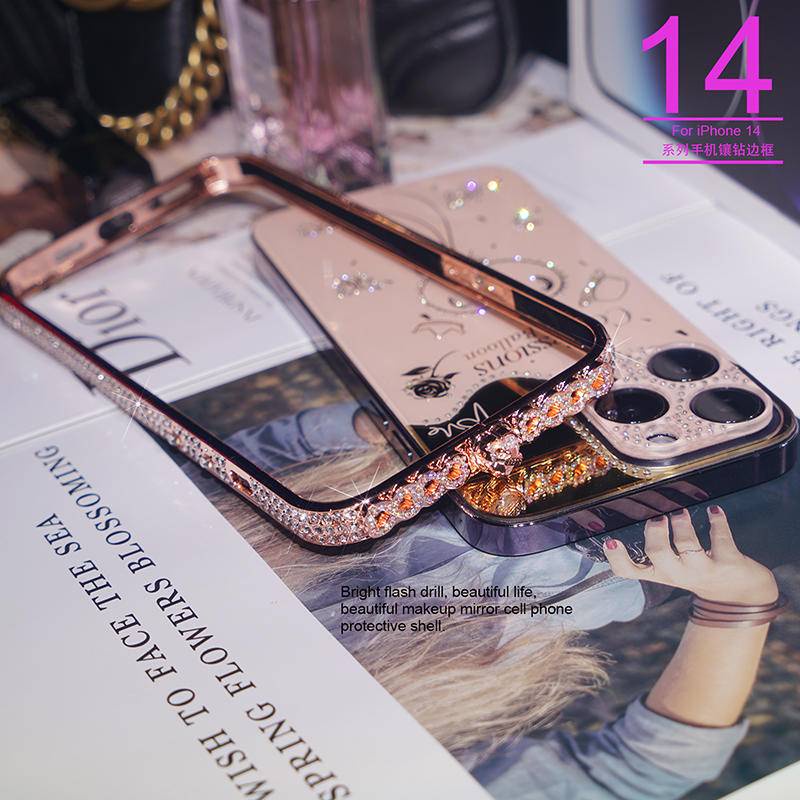 IPHONE Casing Bor Flash Mewah Bingkai Logam Untuk iPhone14 13 12 11 Pro Max Plus Rhinestones Perlindungan Lensa Akrilik Shockproof Penutup Belakang Untuk iPhone14 iPhone13 iPhone12 iPhone11