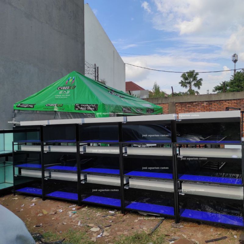 aquarium 100x40x40 alas 8mm keliling 5mm 5set 3 susun 15 aquarium dan 5 rak hollo