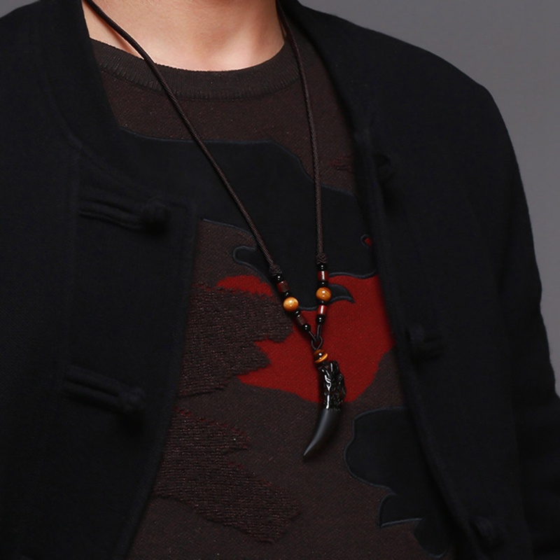 Kalung Liontin Gigi Obsidian Batu Hitam Dan Es Serigala Jimat Dan Jimat Kalung Pasangan Pria Dan Wanita
