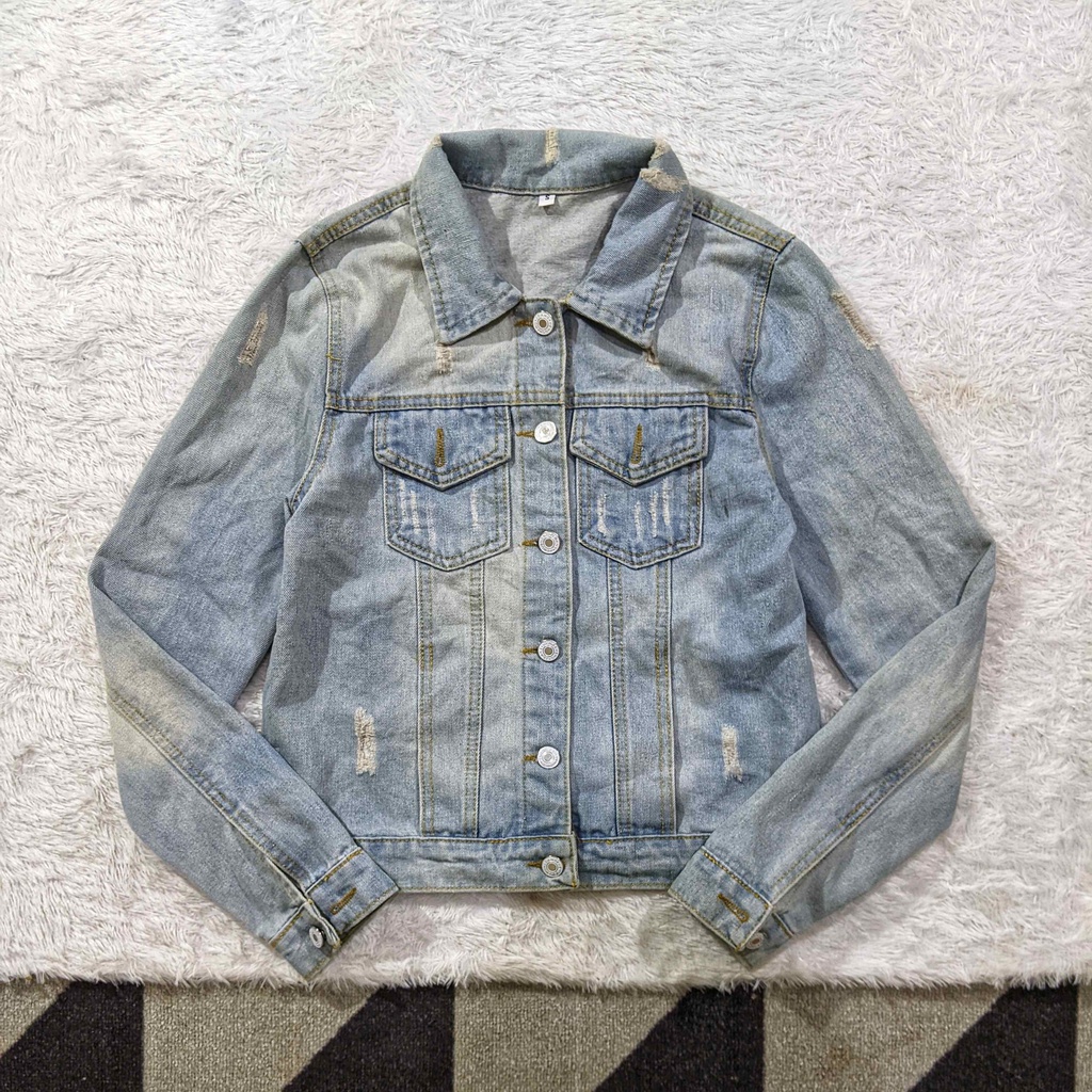 338 - Jaket Trucker Denim Wanita Unbrand Ripped Jeans Second Murah Bekas Original
