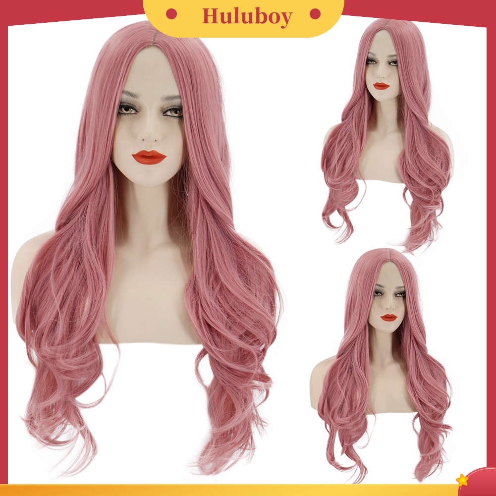 Wig Rambut Ekstensi Model Panjang Keriting Tahan Panas Warna Oranye Pink Untuk Wanita